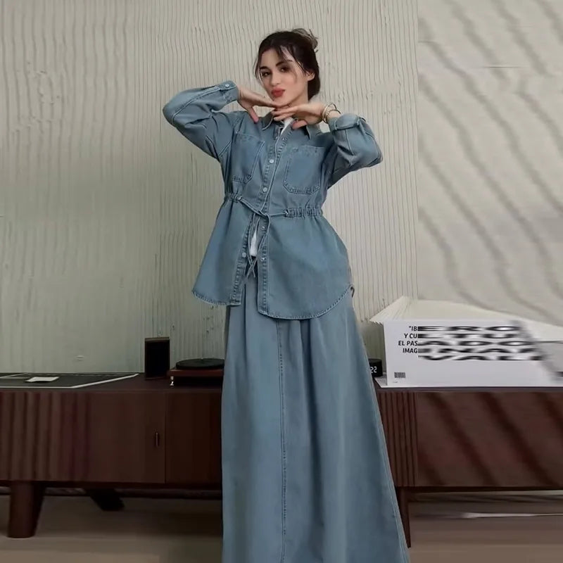 Denim 2 Piece Sets Women Muslim Shirt Coat Skirts Outfits Single Breasted Turn Down Collar Pockets Long Skirts Overshirt Suit
