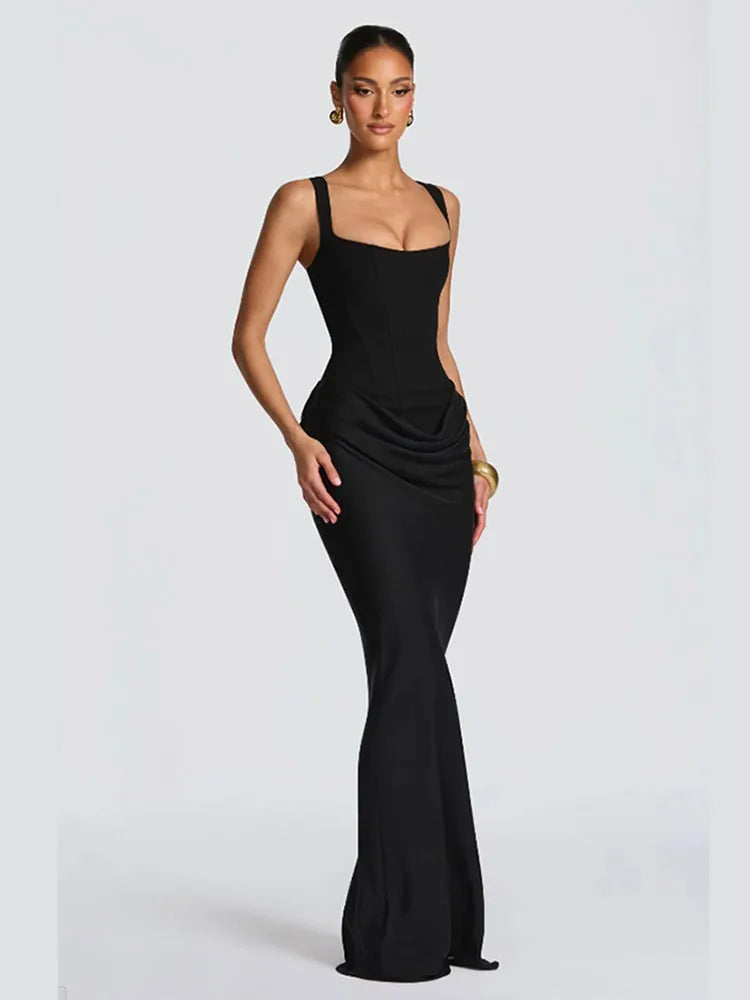 Solid Pleated Sling Dress Women Square Neck Sleeveless Backless Waist Cinching Bodycon Dresses Lady Summer Evening Party Gowns