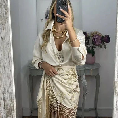 Vintage Embroidered Blouse Tie V Neck Cutout Patchwork Fringe Hem Puff Long Sleeve Tunic Cover Up Women's Relaxed Holiday Wear