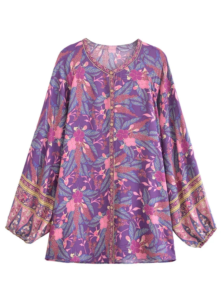 Hippie Vintage Chic Boho Shirt Women Floral Printed O-neck Blouse Shirts Flare Sleeve Female Elegant Bohemian Blusas