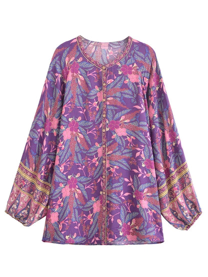 Hippie Vintage Chic Boho Shirt Women Floral Printed O-neck Blouse Shirts Flare Sleeve Female Elegant Bohemian Blusas