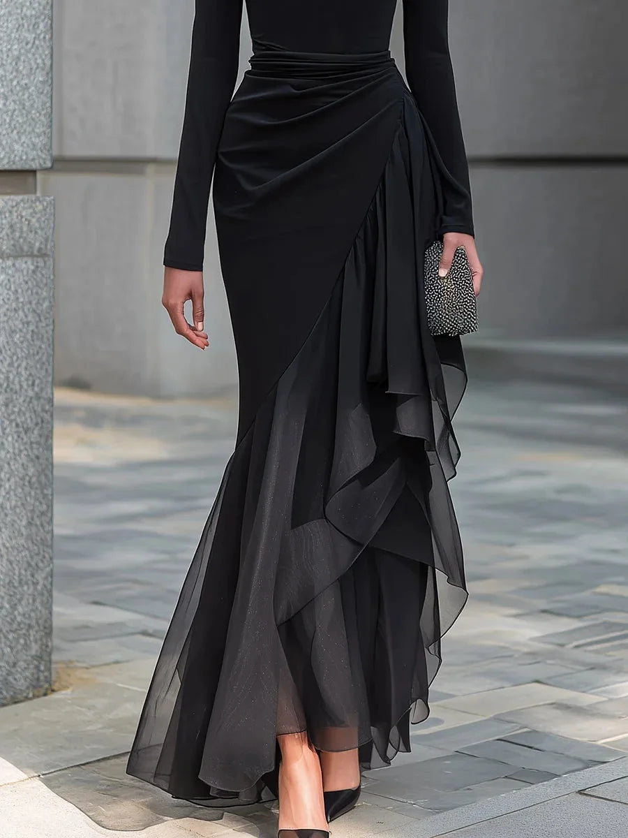 Elegant Women's Party Dress Spring Autumn Fashion Boat Neck Irregular Hem Loose Long Dresses Ladies Ruffles Temperament Dress