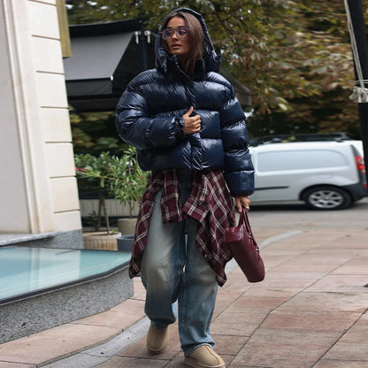 Hooded Glossy Women Winter Coat Loose Thicken Long Sleeve Elastic Hem Jackets Oversized Stand Collar Warm Street Outerwear Lady