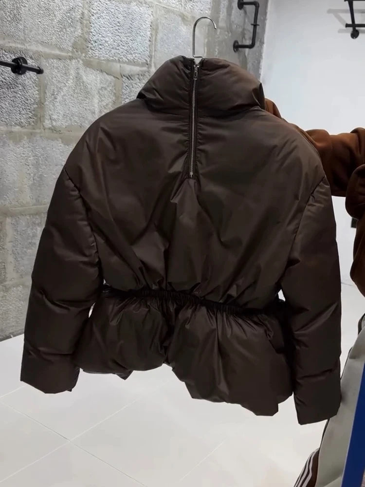 Women's Padded Jackets Hooded Stand Collar Zipper Cropped Coats Winter Female Lantern Sleeves Solid Loose Jacket New Outerwears