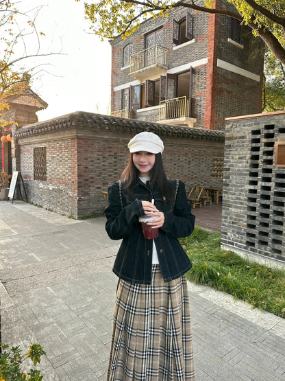 Low Waist Plaid Gingham Pleated  Skirt Korean Style Commute A-Line Long Skirts for Women Spring 2025 Casual Loose Fit