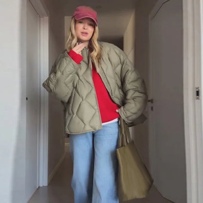 Elegant Women's Winter Jacket Casual Round Neck Zip-up Full Sleeve Loose Quilted Padded Coats New Fashion Warm Outwear 2026