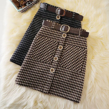 Women's Button-Detail Checked A-Line Skirt