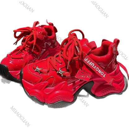 9CM Heavy Industry Leather Causal Sneakers Women Thick Sole Sports Vulcanized Dad Shoes Fashion Comfy Chunky Footwear For Femme