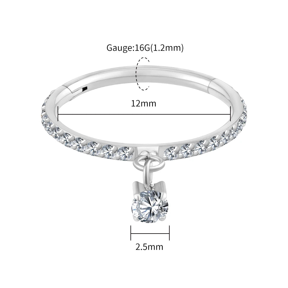 Right Grand ASTM F136 Titanium Round CZ Drop Helix Hoop Ring 16G Dangle Charm Segment Conch Clicker Cartilage Piercing Jewelry