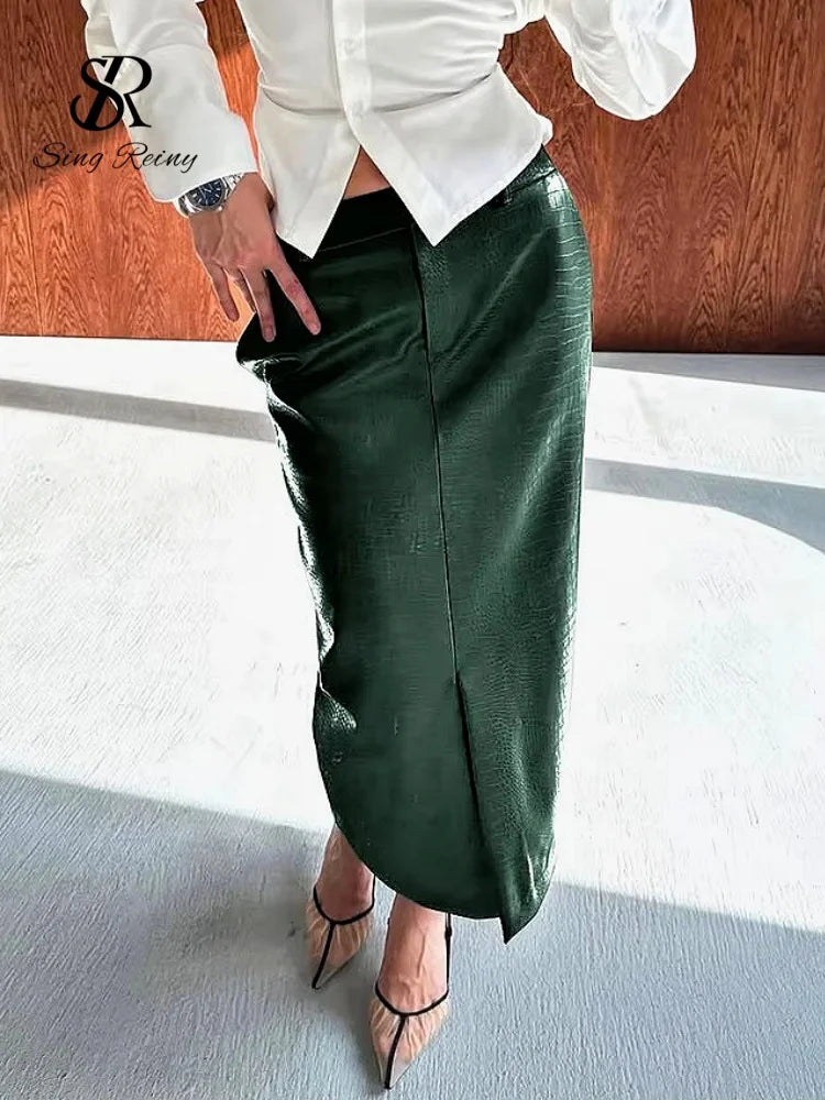 SINGREINY Faux Crocodile Grain Leather Split Skirts Autumn Women Fashion Straight Minimalist American Retro Green Long Skrits