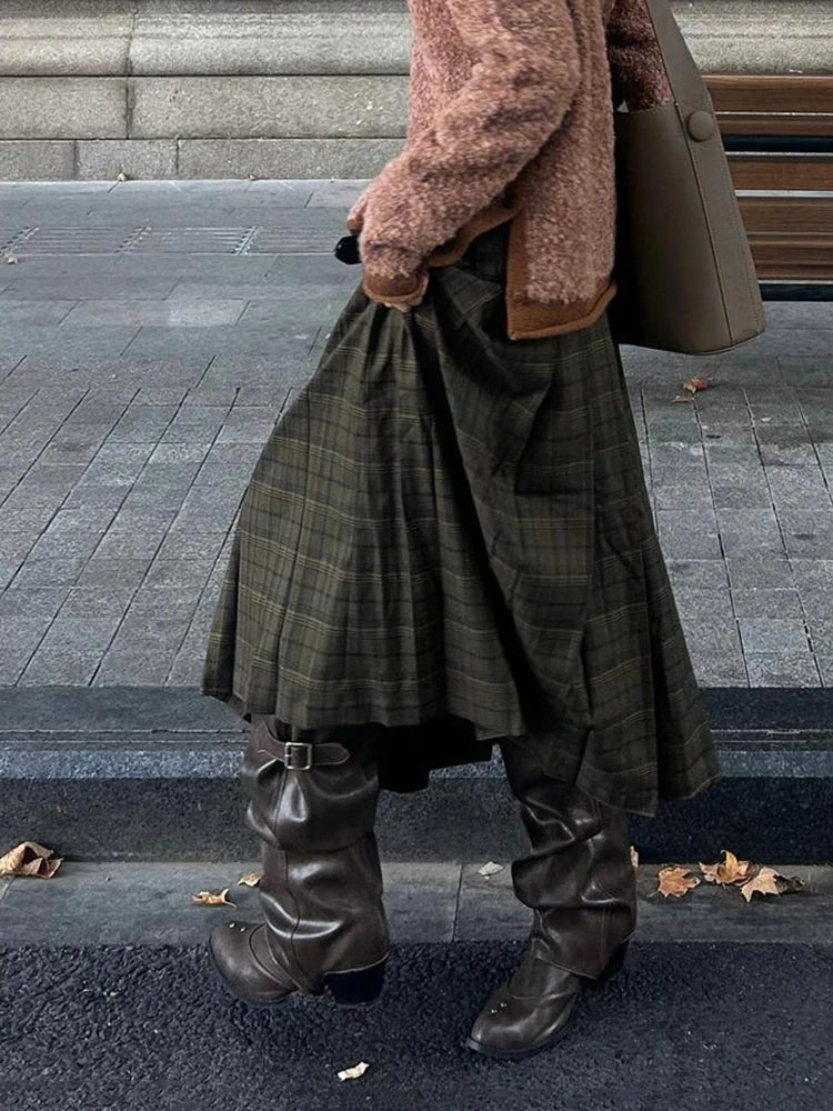 PBAP Fall Trendy Women Plaid Midi Long Skirt Green Tartan High Rise Thick Draped A-line Plaid Pleated Skirt Retro Y2k Streetwear