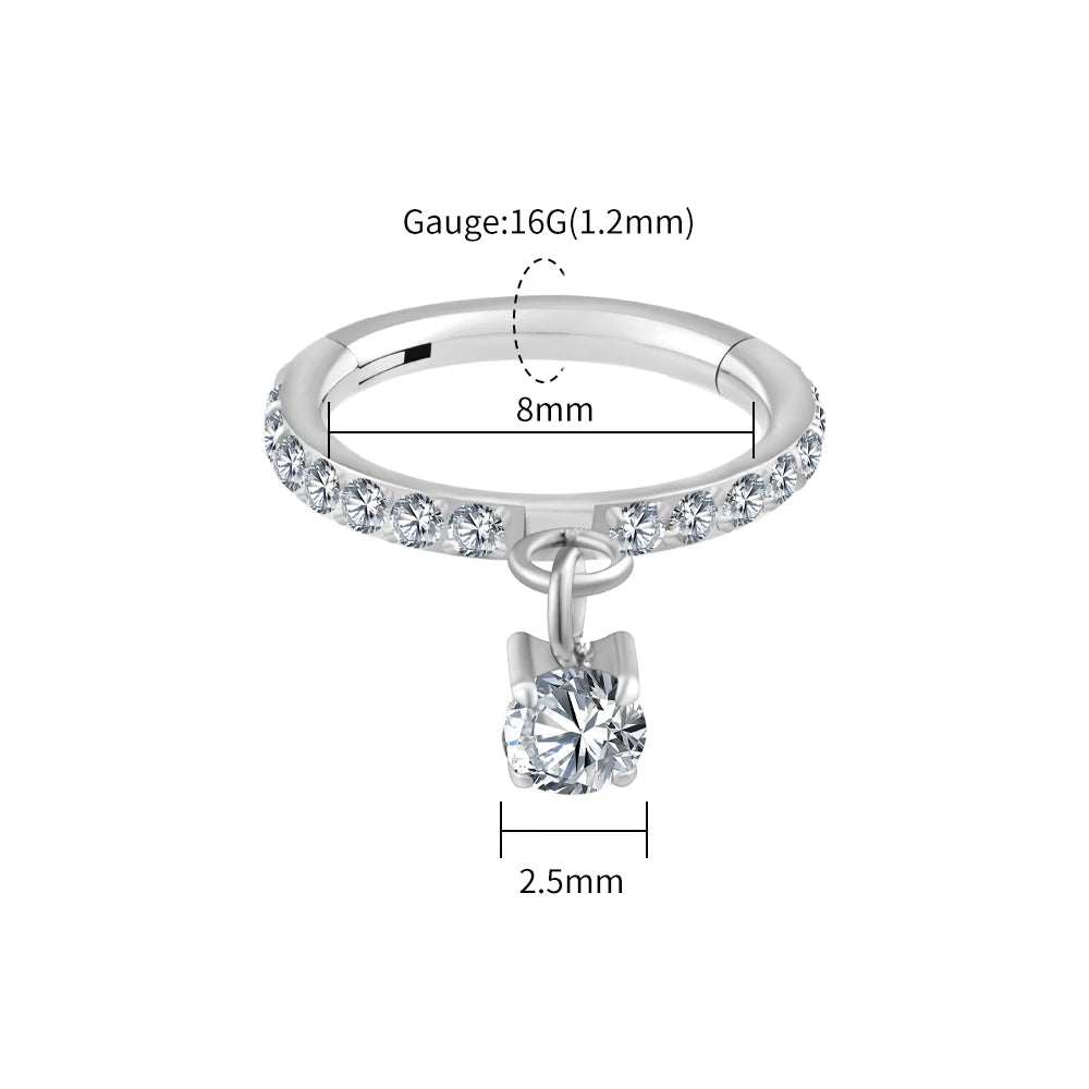 Right Grand ASTM F136 Titanium Round CZ Drop Helix Hoop Ring 16G Dangle Charm Segment Conch Clicker Cartilage Piercing Jewelry