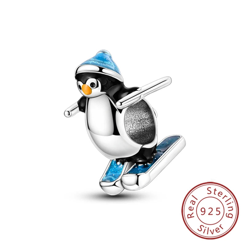 Original 925 Sterling Silver Charms Beads Winter Snowflake Snowman Igloo Penguin Pendant Fit Bracelet Charms Women Jewelry Gift