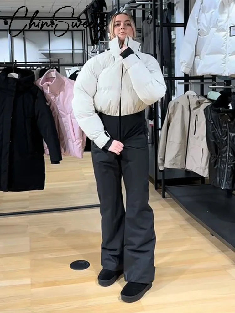 Casual Thicken Women's Ski Jumpsuits Stand Collar Full Sleeve Zippers High Waist Lady Rompers 2025 Winter Female Skiwear New