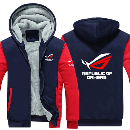 2025 Autumn Winter Cardigan Long Sleeve Thickened Hoodies Men's ROG Republic Of Gamers Print Cold-Proof High Street Hooded Coats