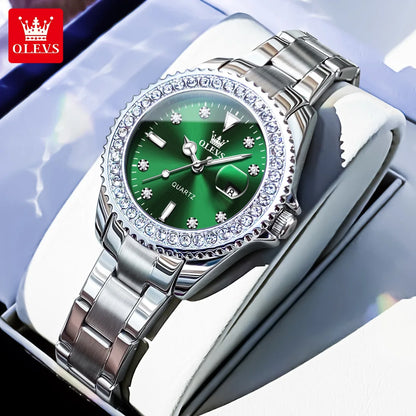 OLEVS 9945 Women's Watches Elegant Purple Full Diamond Dial Solid Stainless Steel Auto Date Waterproof Quartz Watch for Women