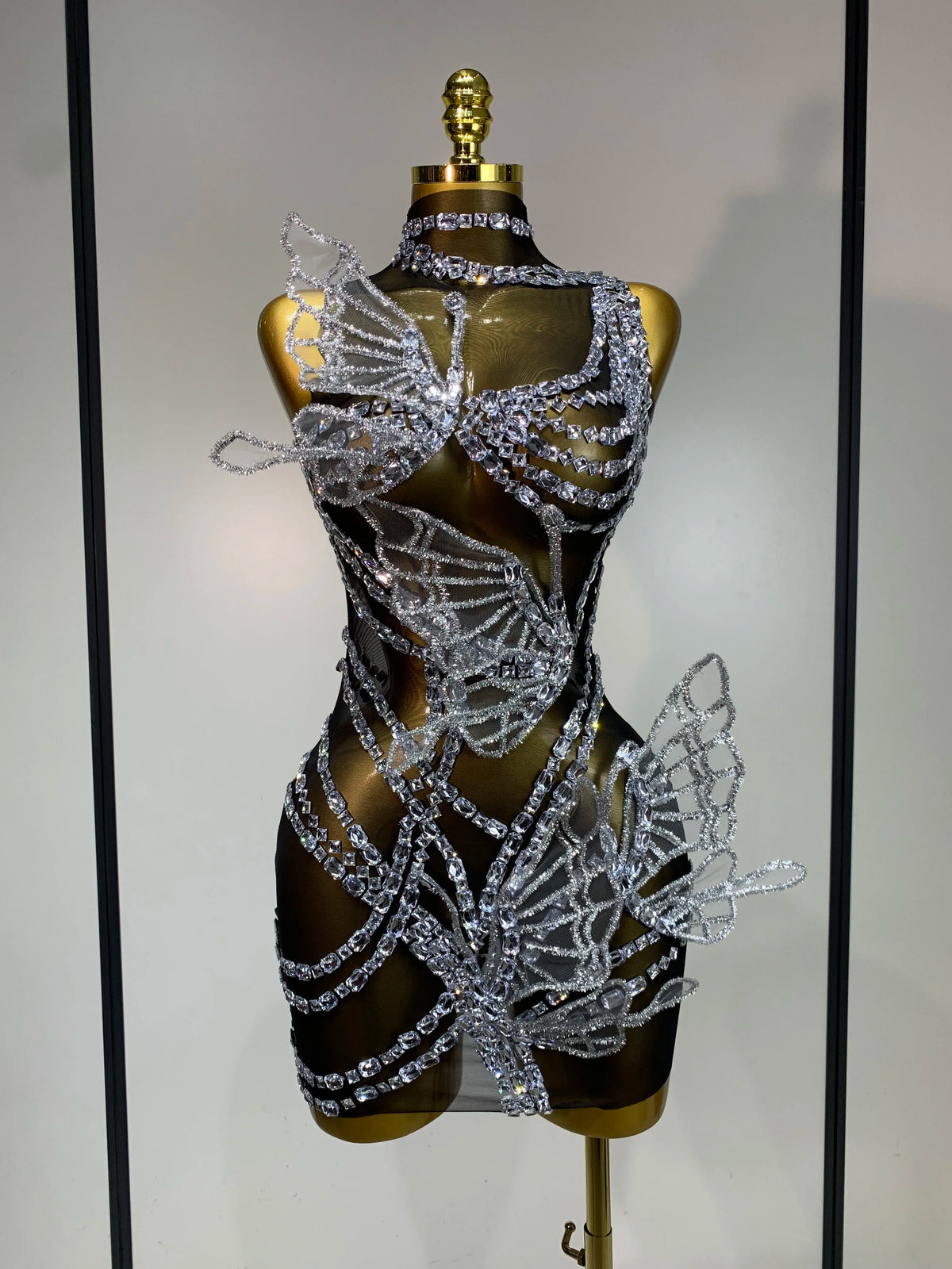 Women Sexy Mesh See Through Sparkly Butterfly Crystal Bodycon Mini Dress Celebrate Birthday Evening Party Singer Stage Outfit