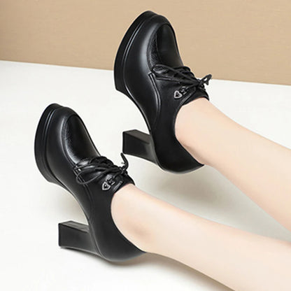 British Style Deep Mouth Soft Leather Oxford Shoes Women's Platform Pumps 2024 Spring Block High Heels Shoes for Office Mom