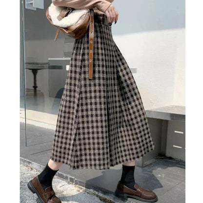 Women's Plaid A-Line Skirt with Tie Waist