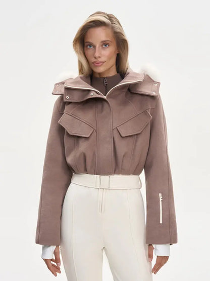 Fur Trim Hooded Flap Pocket Wool-Blend Ski Jumpsuit Patchwork Full Length 2025 Winter Fashion New Causal Warm Women Skiwear Set