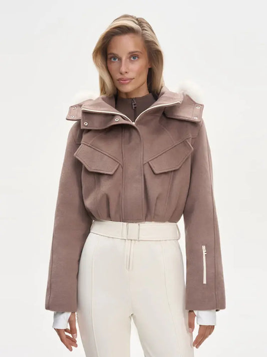 Fur Trim Hooded Flap Pocket Wool-Blend Ski Jumpsuit Patchwork Full Length 2025 Winter Fashion New Causal Warm Women Skiwear Set