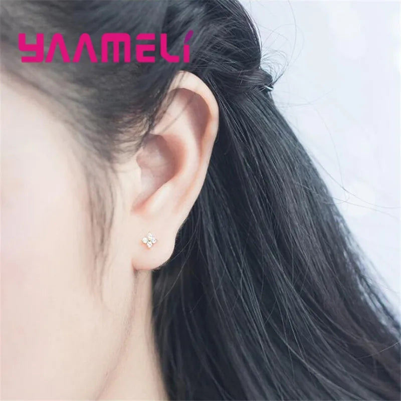 100% Real 925 Sterling Silver Color Clover Stud Earrings Bright Zircon Earrings For Women Girl Fashion Trendy Jewelry