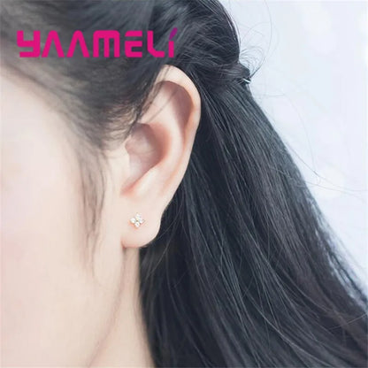 100% Real 925 Sterling Silver Color Clover Stud Earrings Bright Zircon Earrings For Women Girl Fashion Trendy Jewelry