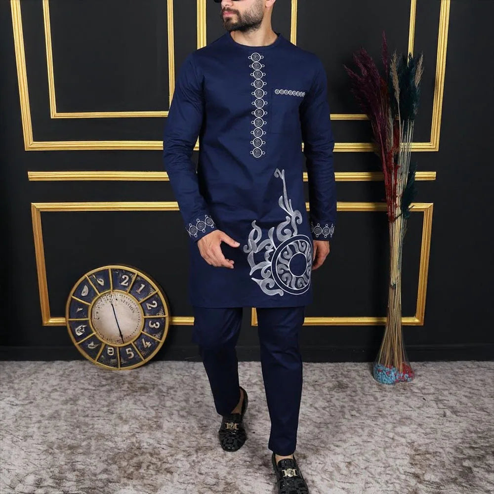 2025 African Men Dashiki Long Sleeve 2 Piece Set Traditional Outfit Africa Clothing White Men's Suit Male Shirt Pants Suits