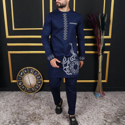2025 African Men Dashiki Long Sleeve 2 Piece Set Traditional Outfit Africa Clothing White Men's Suit Male Shirt Pants Suits