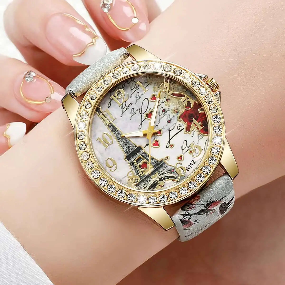 2PCS/Set Fashion Flower Dial Women Watches Luxury Rhinestone Quartz Watch Leather Strap Wristwatch Reloj Mujer（Without Box）