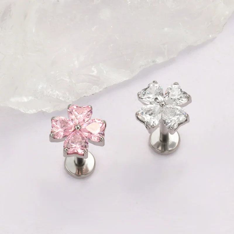 ASTM F136 TItanium with Heart CZ Flower Lab Piercing Labret Lip Studs Sparkle Ear Tragus Helix Conch Lobe Earrings Body Jewelry