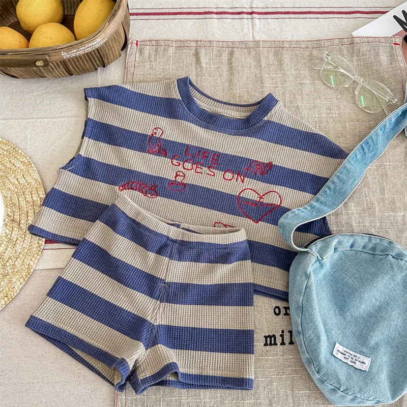 deer jonmi 2026 Summer Korean Style Unisex Kids Striped Outfits Embroidery Loose Tops Shorts 2pcs Toddlers Kids Clothing Sets
