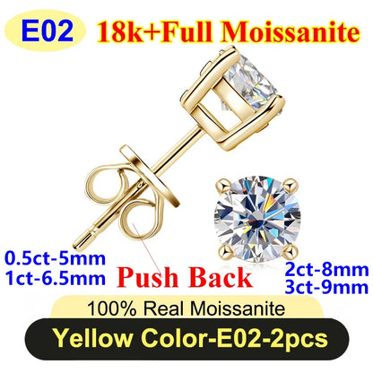 PureNew 0.5-3ct Classic Full Moissanite Earrings For Women S925 Silver Plated 18k Gold D Color VVS1 Women's Moissanite Earrings
