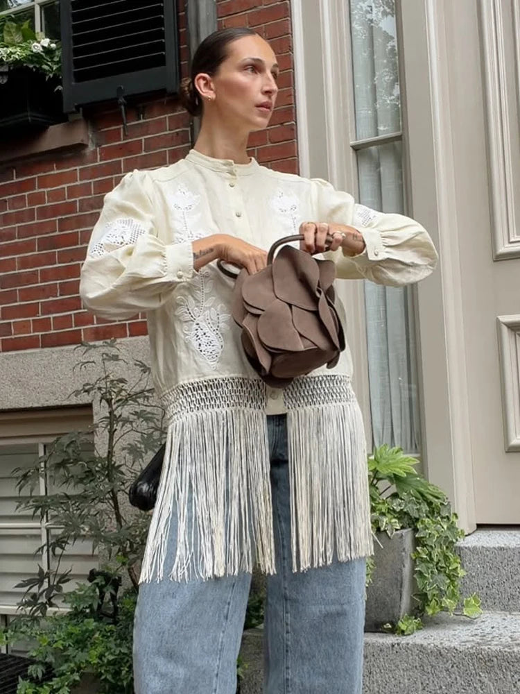 Women's Tassel Hem Vintage Tops Long Sleeved Single Breasted Button Out Stand Up Collar Coat Autumn Bohemian Street Daily Outfit