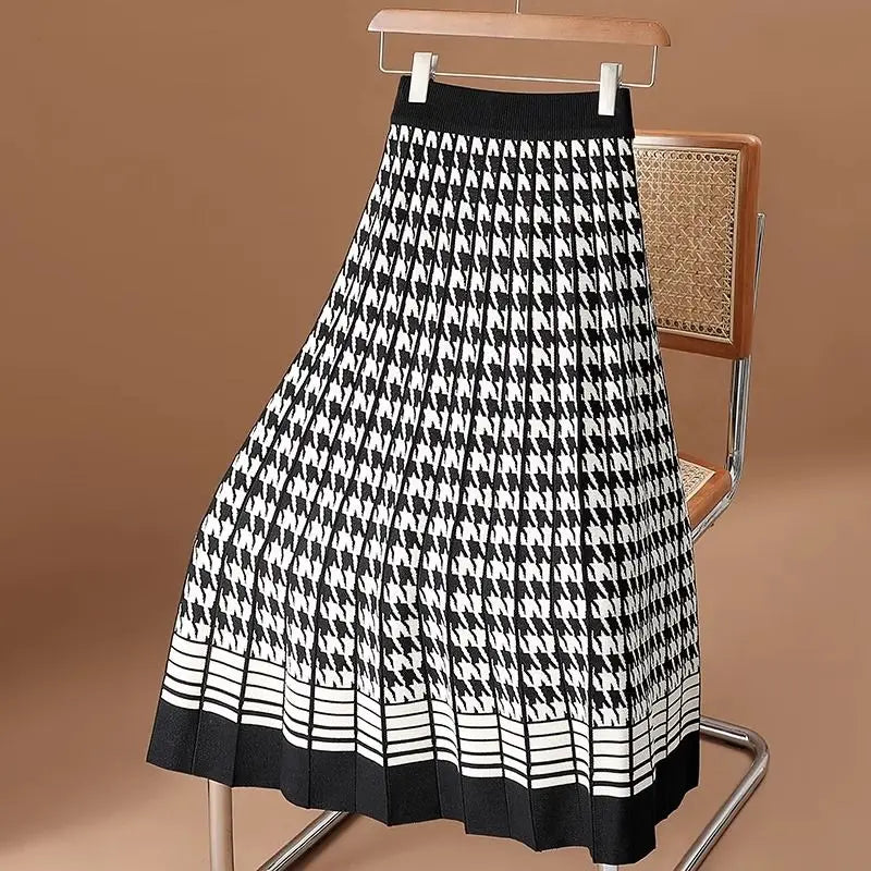Autumn Winter New Plaid Printing Fashion Elastic Waist A-line Skirt Women High Street Casual Pleated Knitting Elegant Skirts