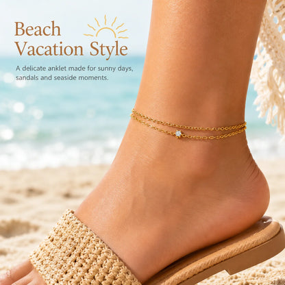 Waterproof Layered Anklet Bracelet for Women, Adjustable Gold Plated with Zirconia Stainless Steel Link Foot Chain Jewelry