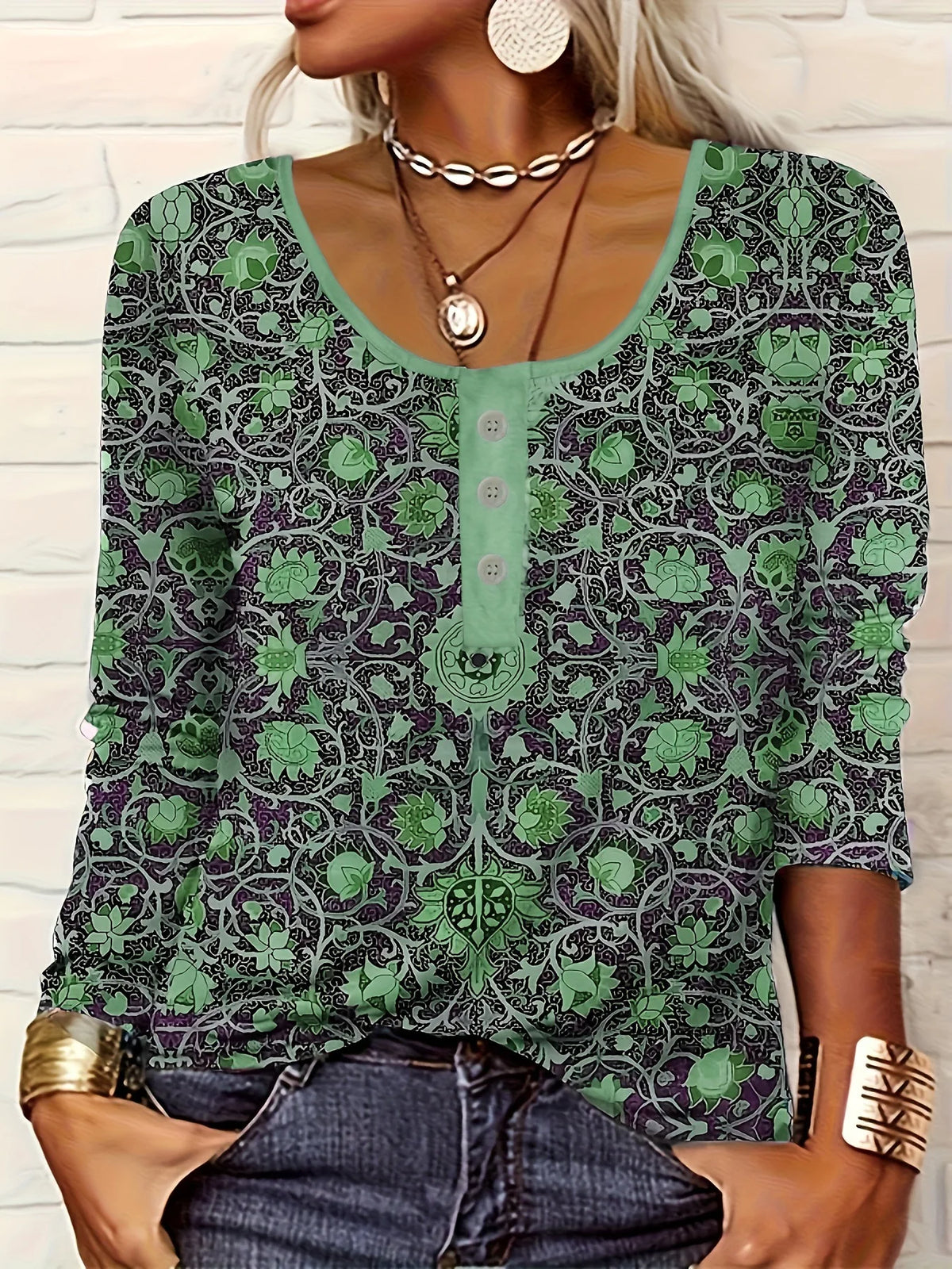 Women Long-Sleeved O-Neck Shirt Fashion Printed Casual Blouses 2025 New Spring Autumn Vintage Ethnic Style Femme Tops Plus Size