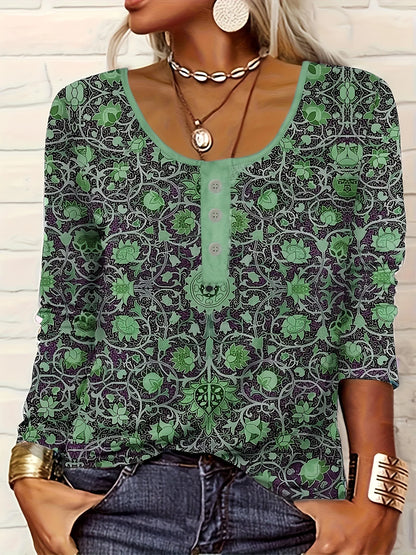 Women Long-Sleeved O-Neck Shirt Fashion Printed Casual Blouses 2025 New Spring Autumn Vintage Ethnic Style Femme Tops Plus Size