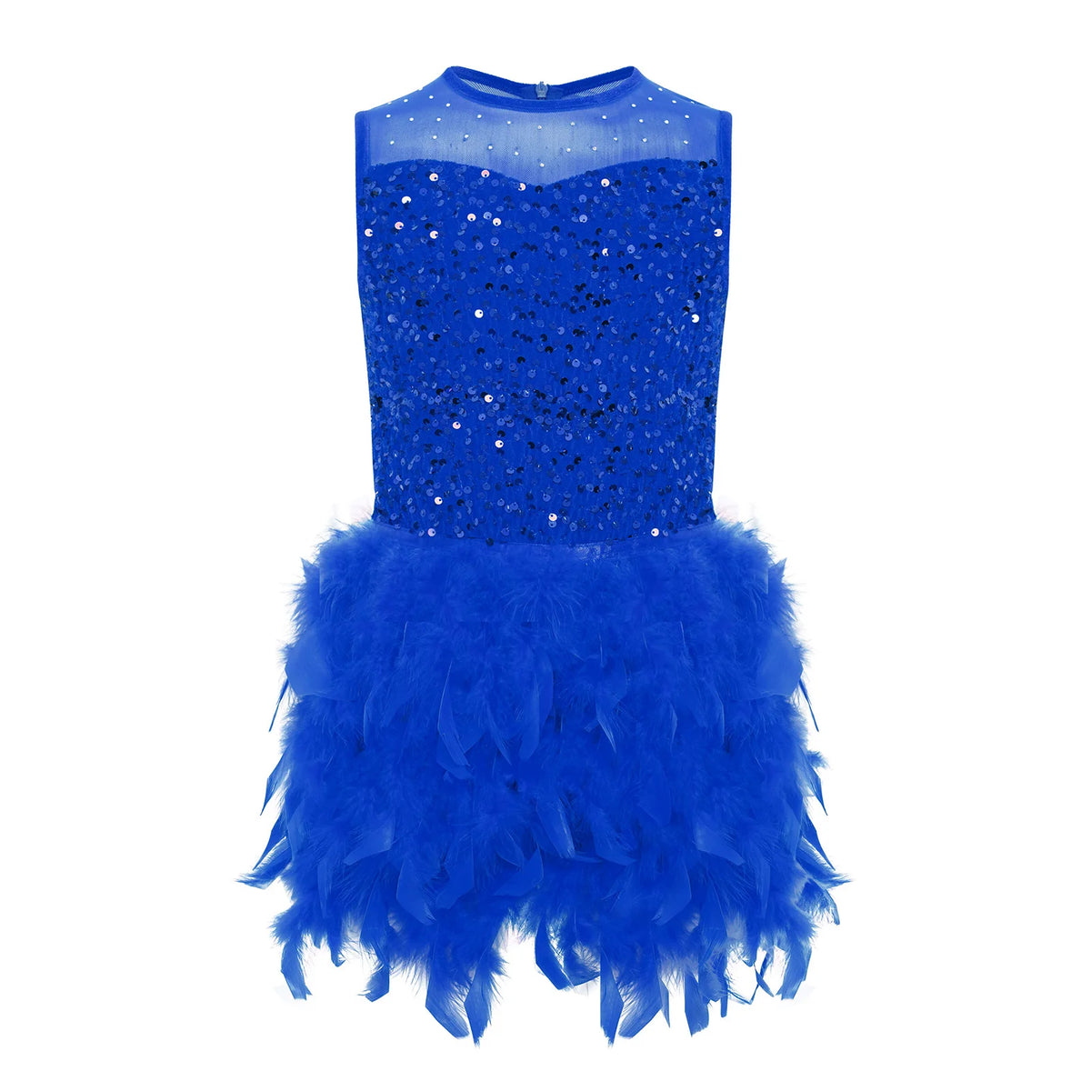 Kids Girls Ballet Leotard Dress Dance Performance Costume Long Sleeve Sheer Mesh Patchwork Sequins Feather Velvet Tulle Dress