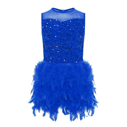 Kids Girls Ballet Leotard Dress Dance Performance Costume Long Sleeve Sheer Mesh Patchwork Sequins Feather Velvet Tulle Dress
