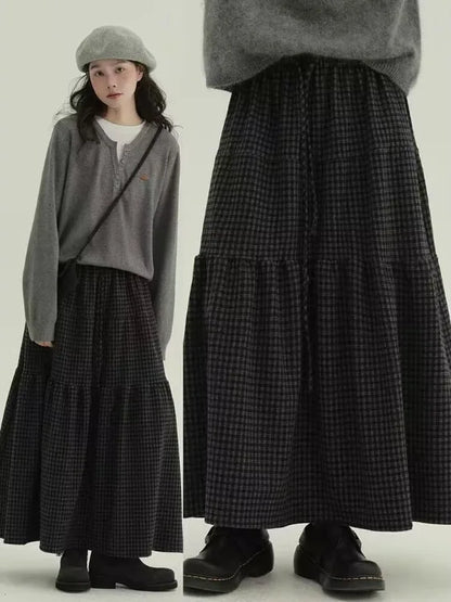 Women's Retro Patchwork Plaid A-Line Midi Skirt Elastic Waist Slimming Versatile Large Size Clothing Casual Long Skirts