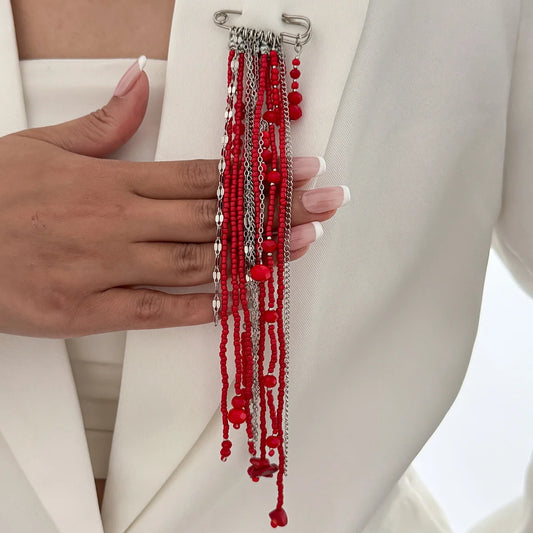 Exaggerated Long Tassel Chain Rice Bead Crystal Women's Brooch Handmade Bead Multi-layer Chain Fixed Needle Clothing Decoration