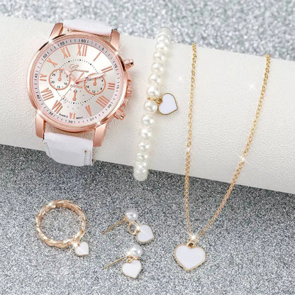 6PCS/Set Fashion Women Watches Casual Leather Strap Roma Dial Quartz Wristwatch Pearls Jewelry Set Reloj Mujer（Without Box）