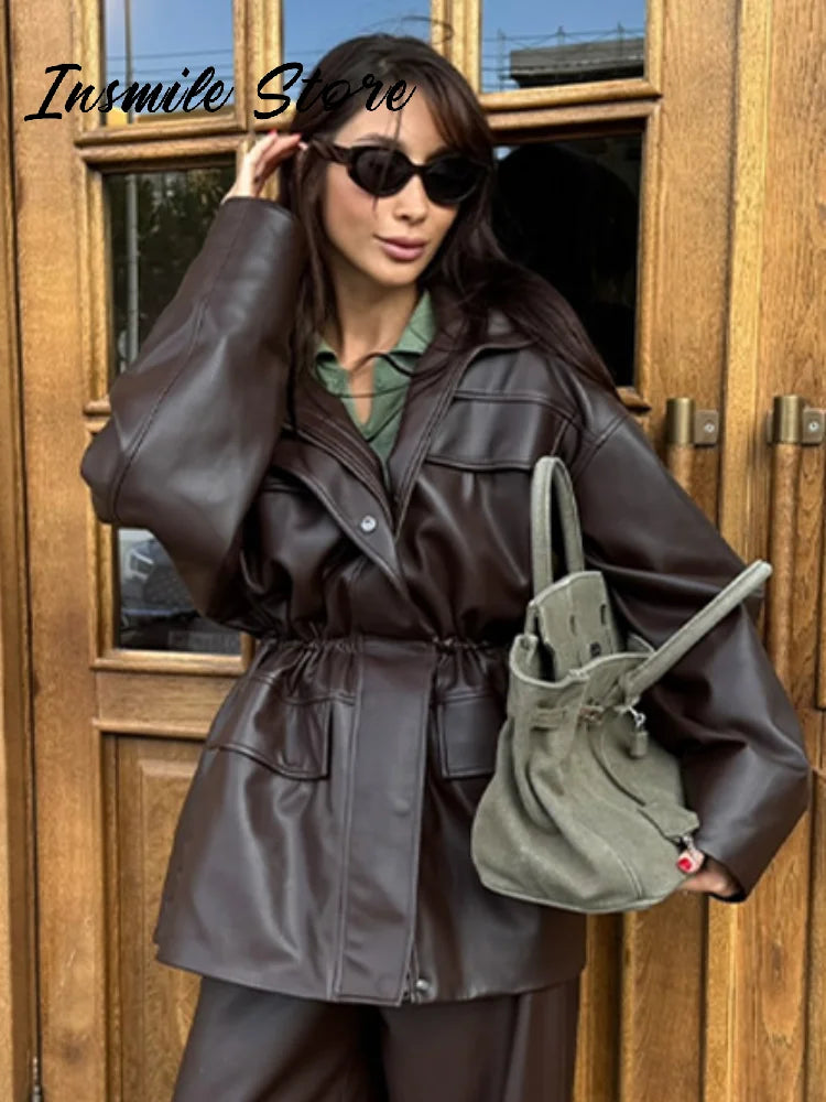 Street Waist Cinched Women's Leather Jacket Vintage Drawstring Stand Neck Zipper Pocket Jackets 2026 Autumn Moto Biker Outwear