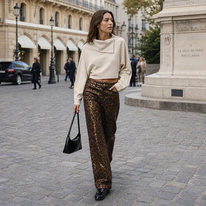 Leopard Print Luster Wide Leg Pants Vintage High Waist Straight Trousers 2026 New Casual Club Daily Street Women's Bottom
