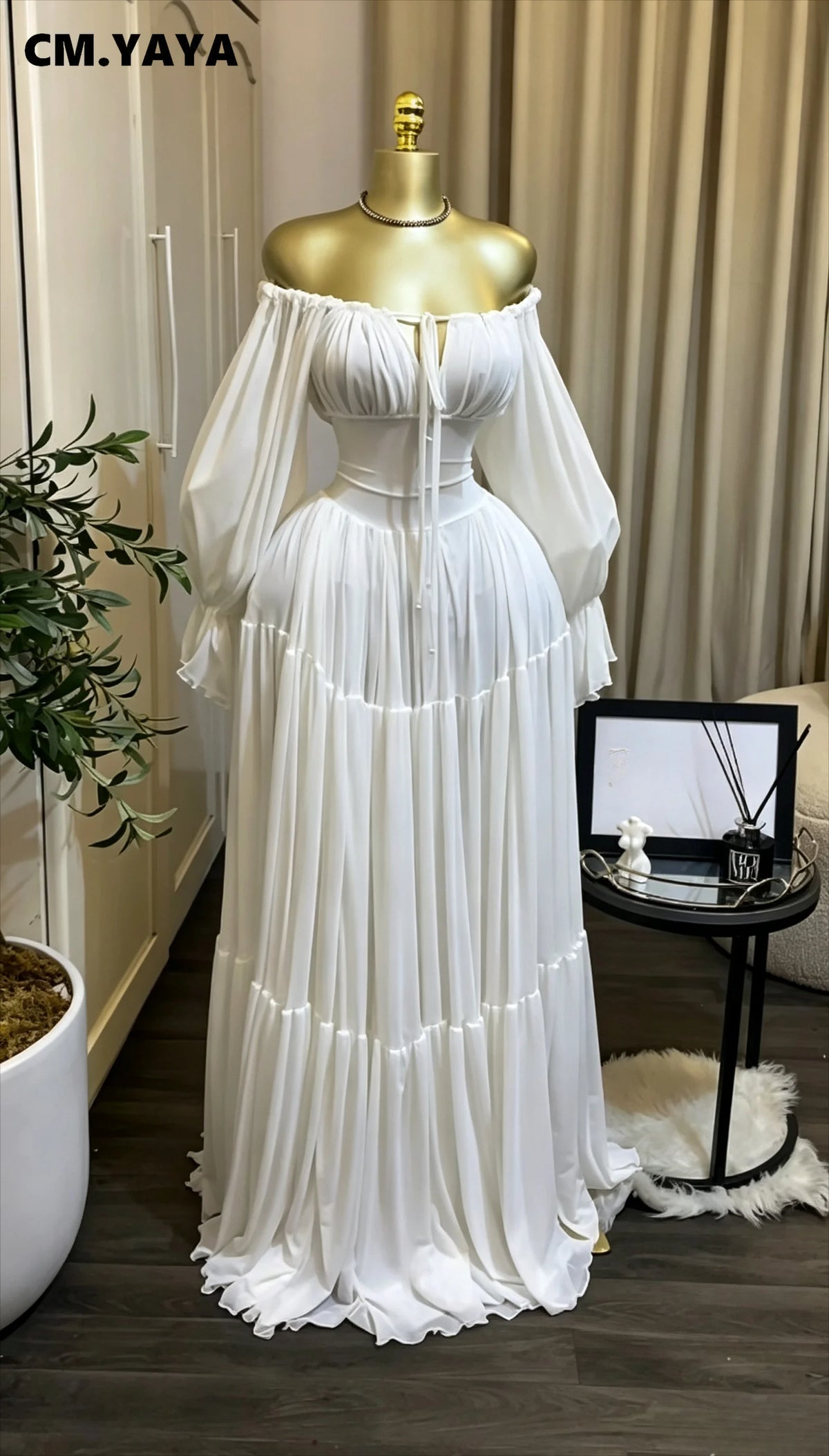 CM.YAYA 2026 Fall Winter Women Long Sleeve Slash Neck Long Maxi Dress Slim Evening Birthday Trendy Sexy Vacation Party Dresses