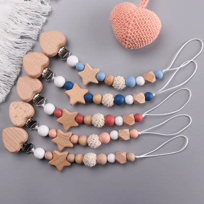 Baby Wood Crochet Round Bead Pacifier Chain Wooden Heart Dummy Holder Clip For Baby Teether Teething Chain Nursing Chew Toy Gift