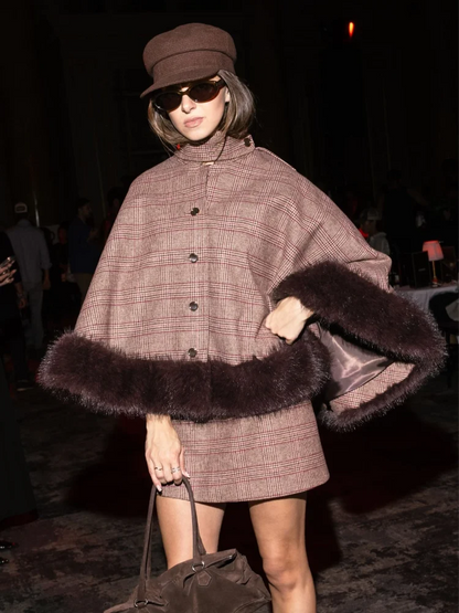 Elegant Plaid Cape Skirt 2 Piece Set Women Chic High Waist Single Breasted Faux Fur Hem Shawl Coat Suit Fall Winter Party Outfit