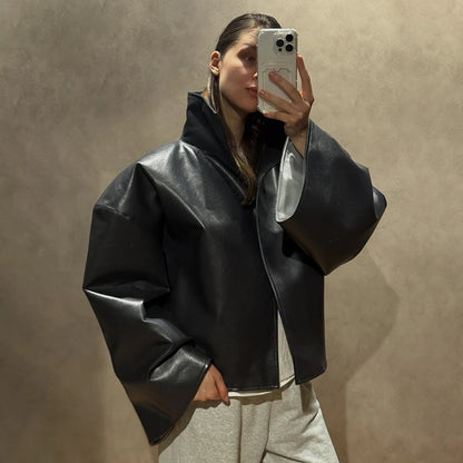 Street Waist Cinched Women's Leather Jacket Vintage Drawstring Stand Neck Zipper Pocket Jackets 2026 Autumn Moto Biker Outwear