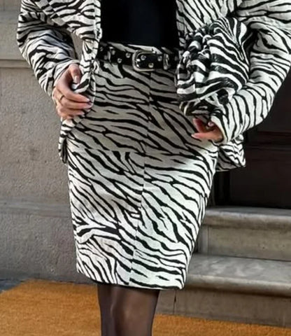 Vintage Women's Zebra Printed Short Jacket Skirt Set O-neck Long Sleeve Buckle Coats Mini A-line Skirts 2026 Autumn Lady Suit